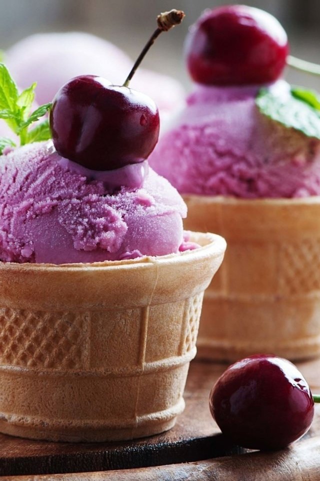 Обои мята, мороженое, ягоды, вишня, стаканчики, вафельный стаканчик, mint, ice cream, berries, cherry, cups, waffle cup разрешение 3840x2160 Загрузить