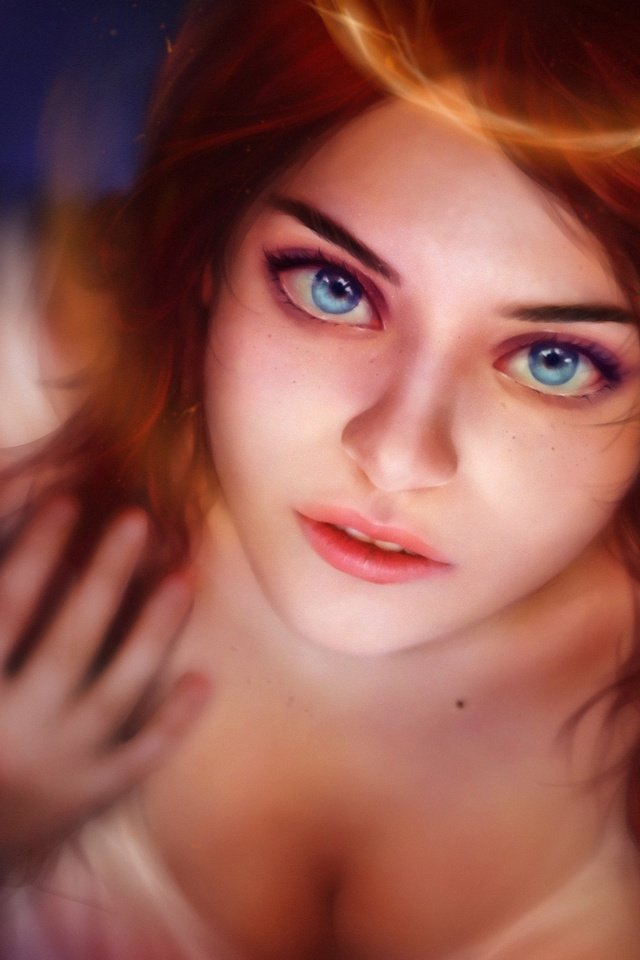 Обои арт, голубые глаза, девушка, взгляд, фэнтези, рыжая, ангел, волосы, лицо, art, blue eyes, girl, look, fantasy, red, angel, hair, face разрешение 2560x1600 Загрузить