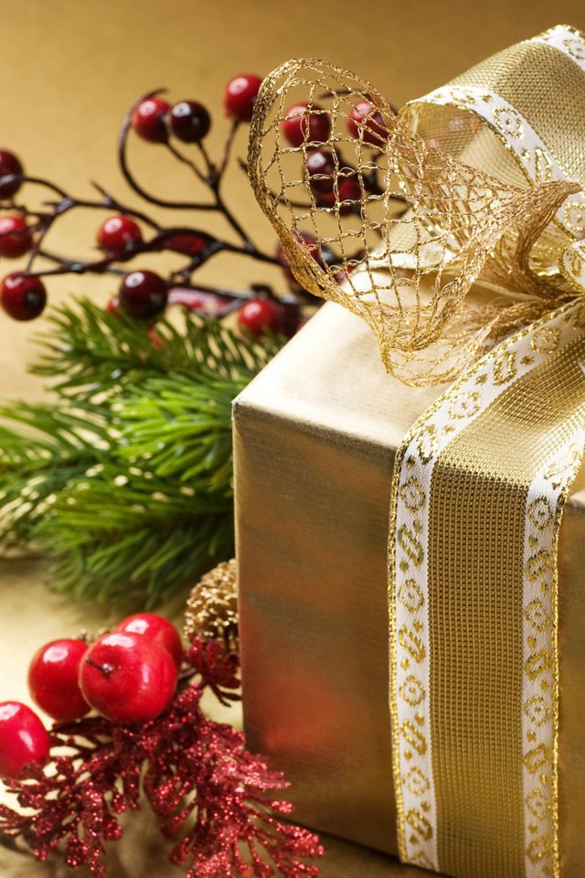 Обои новый год, ягоды, подарок, рождество, бант, ветки ели, new year, berries, gift, christmas, bow, fir-tree branches разрешение 1920x1200 Загрузить