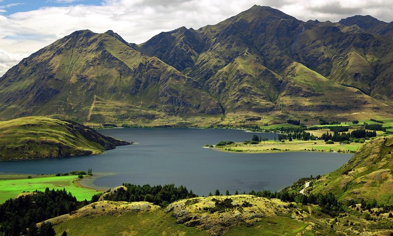 Обои озеро, горы, зелень, новая зеландия, lake, mountains, greens, new zealand разрешение 1920x1200 Загрузить