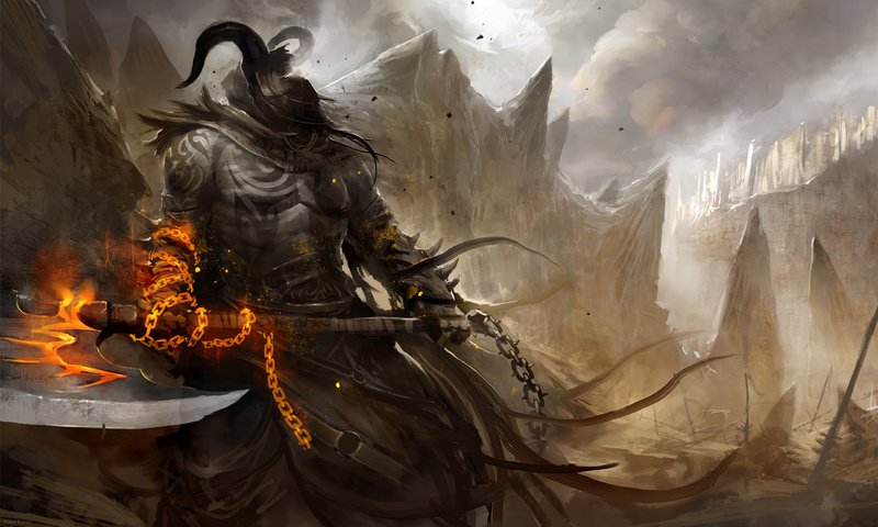 Обои рисунок, воин, демон, топор, figure, warrior, the demon, axe разрешение 2560x1600 Загрузить