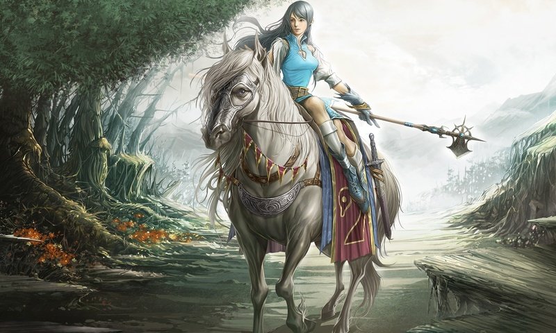 Обои лошадь, лес, девушка, оружие, меч, сказка, horse, forest, girl, weapons, sword, tale разрешение 1920x1200 Загрузить