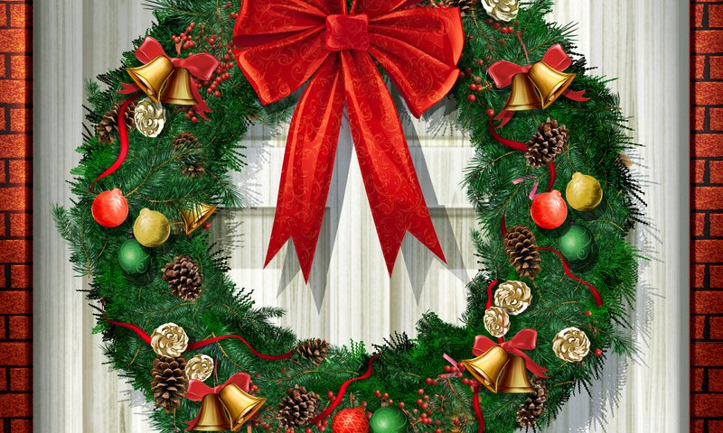 Обои новый год, дверь, бант, еловый венок, new year, the door, bow, fir wreath разрешение 2560x1670 Загрузить