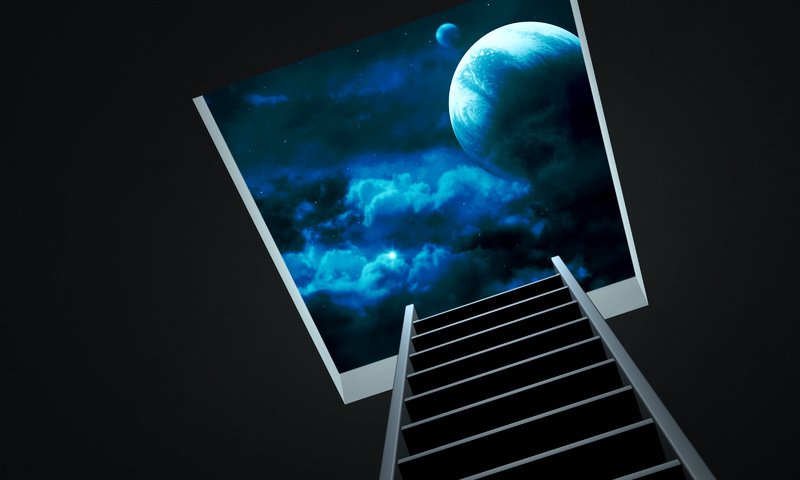 Обои небо, ночь, лестница, звезды, планета, луна, the sky, night, ladder, stars, planet, the moon разрешение 3200x2400 Загрузить