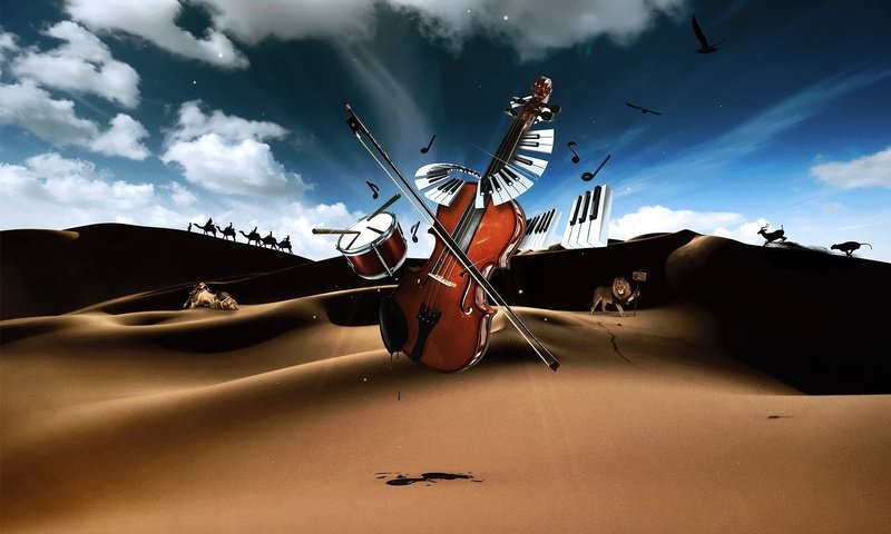 Обои пустыня, скрипка, клавиши, барабан, музыкальные инструменты, desert, violin, keys, drum, musical instruments разрешение 1920x1200 Загрузить