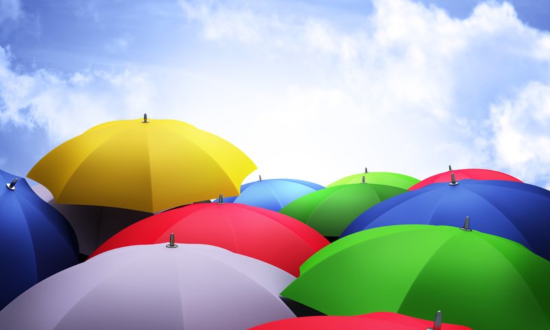 Обои небо, облака, разноцветные, зонты, зонтики, the sky, clouds, colorful, umbrellas разрешение 2560x1600 Загрузить
