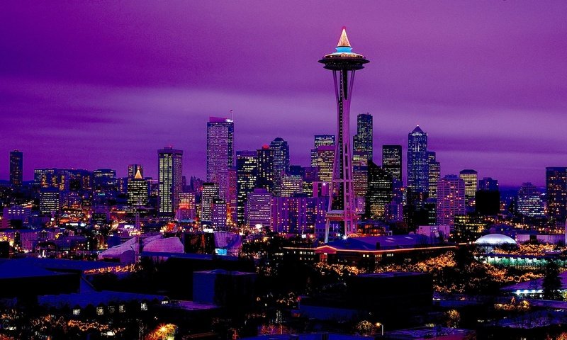 Обои панорама, ночной город, сиэтл, panorama, night city, seattle разрешение 3200x1200 Загрузить