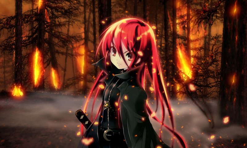 Обои лес, девушка, огонь, катана, кристина, красные волосы, forest, girl, fire, katana, christina, red hair разрешение 1920x1200 Загрузить