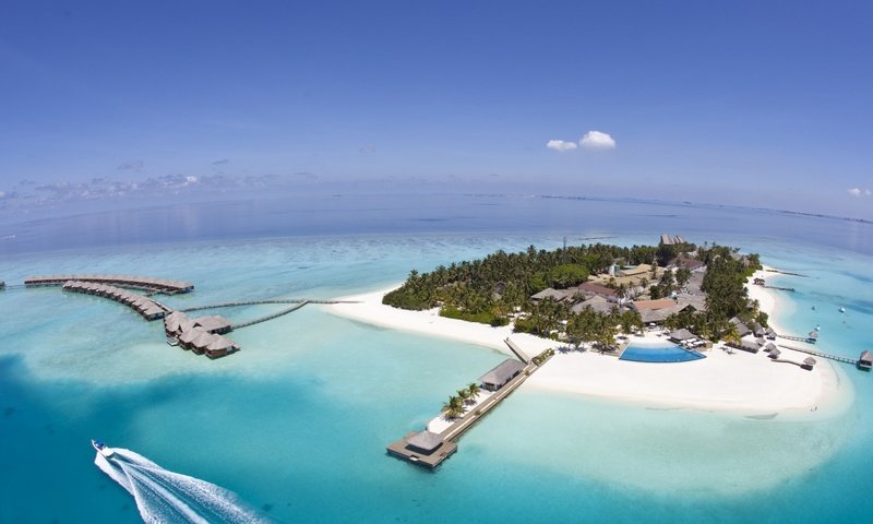 Обои пляж, остров, бунгало, тропики, мальдивы, beach, island, bungalow, tropics, the maldives разрешение 1920x1080 Загрузить