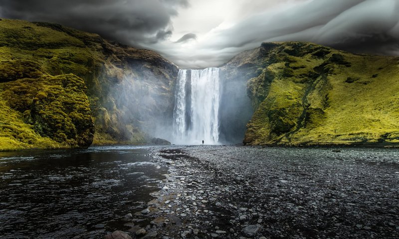 Обои скалы, водопад, исландия, скогафосс, скоугафосс, rocks, waterfall, iceland, skogarfoss, skogafoss разрешение 1920x1200 Загрузить