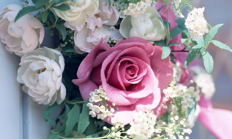 Обои розы, букет, праздник, нежные, пионы, яркие цветы, красочные цветы, roses, bouquet, holiday, gentle, peonies, bright colors, colorful flowers разрешение 1920x1200 Загрузить