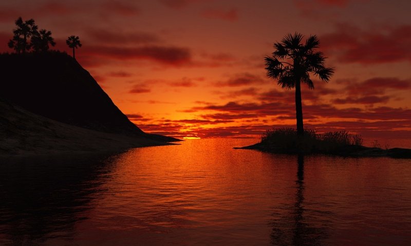 Обои озеро, закат, пейзаж, пальма, 3д, lake, sunset, landscape, palma, 3d разрешение 1920x1200 Загрузить