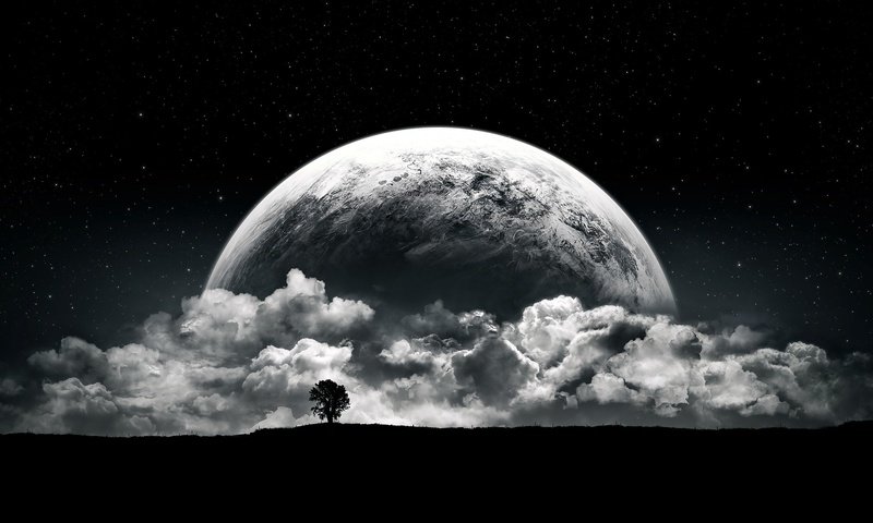 Обои облака, ночь, дерево, планета, фэнтези, clouds, night, tree, planet, fantasy разрешение 1920x1080 Загрузить