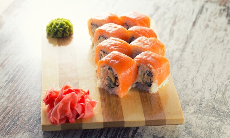 Обои начинка, роллы, блюдо, японская кухня, имбирь, красная рыба, filling, rolls, dish, japanese cuisine, ginger, red fish разрешение 5560x3707 Загрузить