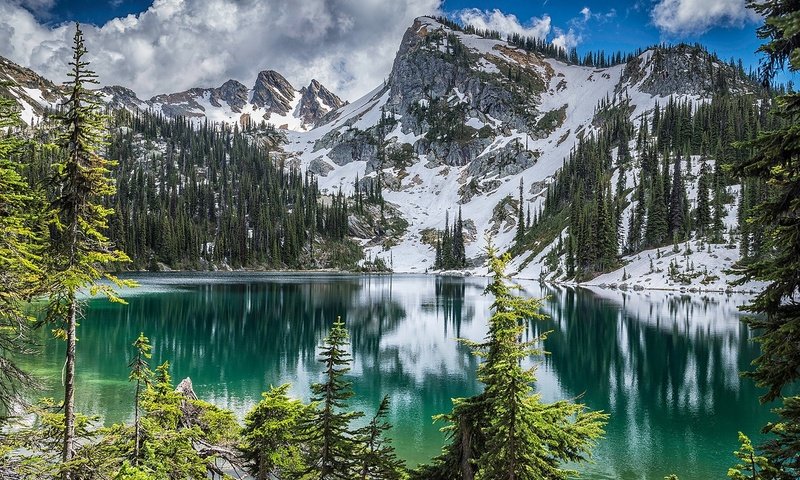 Обои озеро, горы, снег, природа, лес, отражение, канада, lake, mountains, snow, nature, forest, reflection, canada разрешение 1920x1200 Загрузить