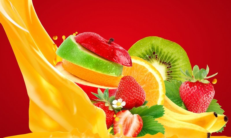 Обои фрукты, клубника, лимон, витамины, ягоды, киви, бананы, сок, fruit, strawberry, lemon, vitamins, berries, kiwi, bananas, juice разрешение 2880x1920 Загрузить