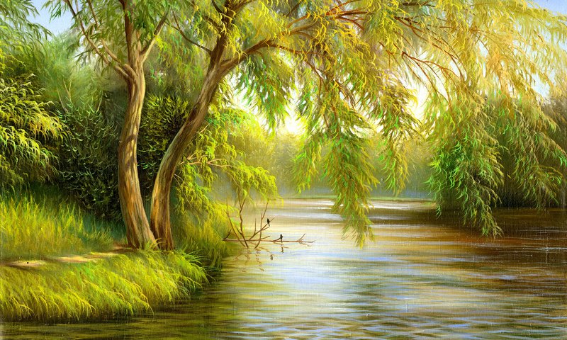 Обои деревья, природа, зелено, птицы, живопись, холст, trees, nature, green, birds, painting, canvas разрешение 3088x2000 Загрузить