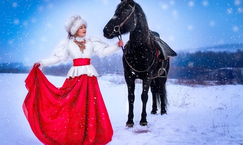 Обои лошадь, зима, девушка, шапка, наряд, меха, horse, winter, girl, hat, outfit, fur разрешение 1920x1239 Загрузить