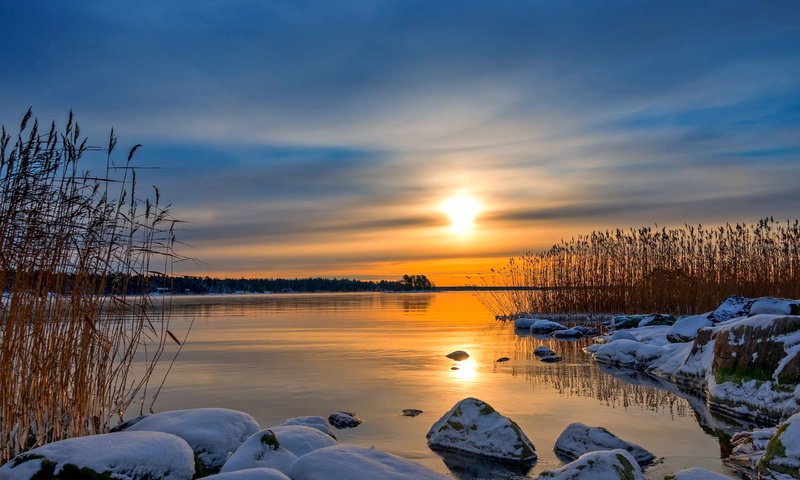 Обои небо, озеро, природа, закат, зима, the sky, lake, nature, sunset, winter разрешение 2560x1600 Загрузить