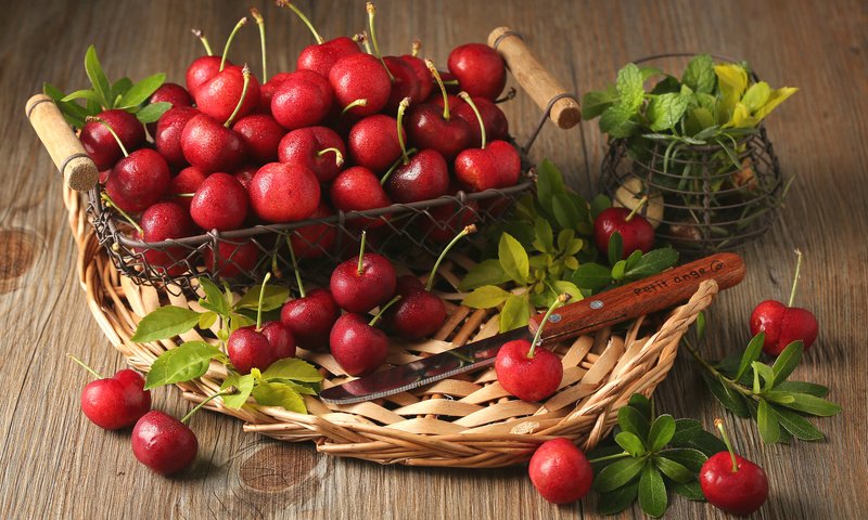Обои мята, листья, красные, черешня, корзина, ягоды, вишня, нож, вишни, mint, leaves, red, cherry, basket, berries, knife разрешение 2043x1307 Загрузить