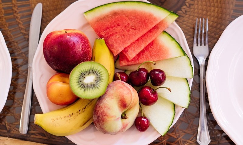 Обои фрукты, черешня, арбуз, киви, персик, банан, дыня, нектарин, fruit, cherry, watermelon, kiwi, peach, banana, melon, nectarine разрешение 2048x1387 Загрузить
