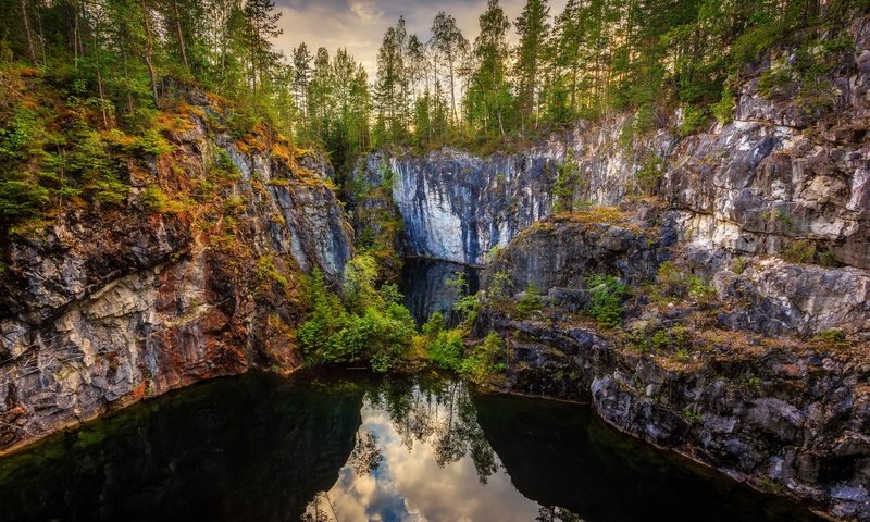 Обои деревья, grythyttan, вода, озеро, скалы, лес, отражение, каньон, швеция, trees, water, lake, rocks, forest, reflection, canyon, sweden разрешение 2880x1920 Загрузить