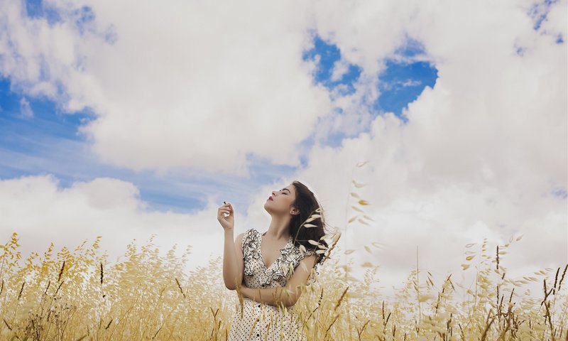 Обои небо, девушка, платье, поле, волосы, лицо, ветер, the sky, girl, dress, field, hair, face, the wind разрешение 2048x1365 Загрузить