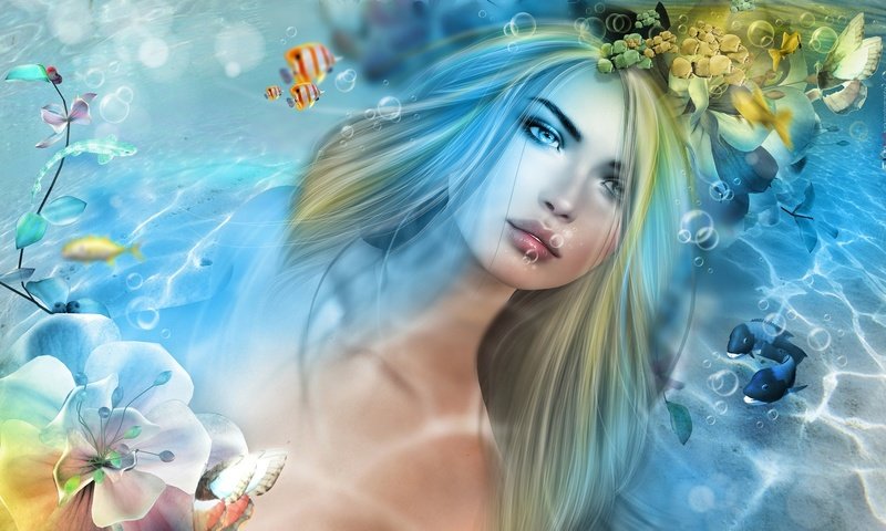 Обои вода, девушка, рыбки, русалка, water, girl, fish, mermaid разрешение 2048x1195 Загрузить