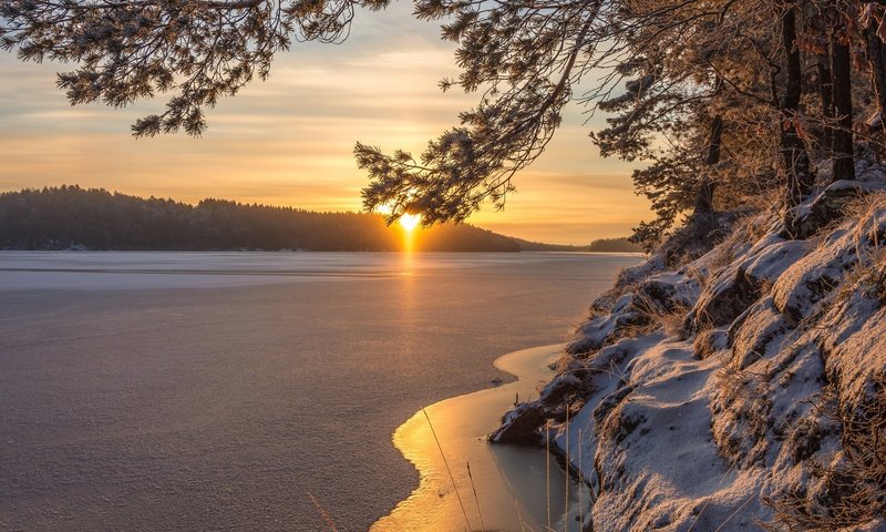 Обои озеро, зима, утро, рассвет, швеция, швеции, lake, winter, morning, dawn, sweden разрешение 2048x1365 Загрузить