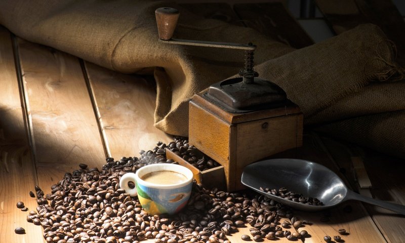 Обои зерна, кофе, чашка, кофемолка, grain, coffee, cup, coffee grinder разрешение 6788x4267 Загрузить