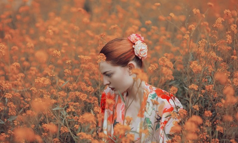 Обои цветы, природа, девушка, профиль, рыжеволосая, flowers, nature, girl, profile, redhead разрешение 2048x1365 Загрузить