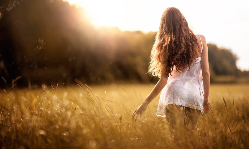 Обои небо, трава, девушка, платье, поле, лето, спина, волосы, the sky, grass, girl, dress, field, summer, back, hair разрешение 2048x1367 Загрузить