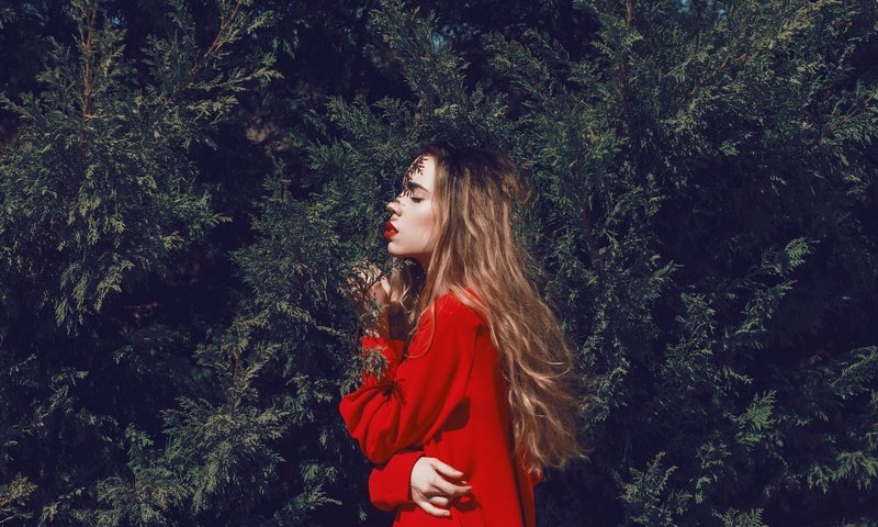 Обои природа, девушка, блондинка, профиль, красное платье, nature, girl, blonde, profile, red dress разрешение 2048x1365 Загрузить