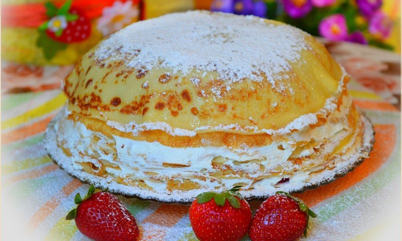 Обои клубника, ягоды, блинчики, блины, блинчии, блинный торт, strawberry, berries, pancakes, blinkie, pancake cake разрешение 3014x1891 Загрузить