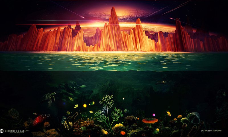 Обои небо, скалы, море, метеориты, подводный мир, the sky, rocks, sea, meteorites, underwater world разрешение 2560x1440 Загрузить
