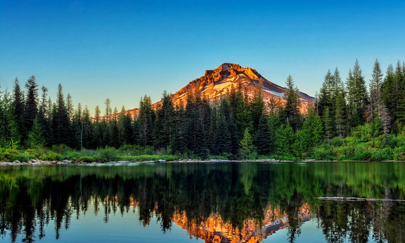 Обои небо, деревья, вода, озеро, берег, лес, отражение, гора, the sky, trees, water, lake, shore, forest, reflection, mountain разрешение 3000x2000 Загрузить