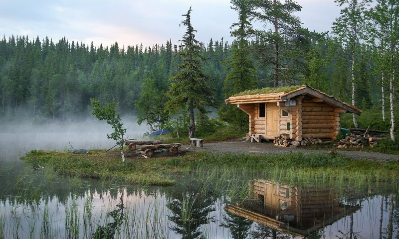 Обои озеро, лес, отражение, норвегия, избушка, lake, forest, reflection, norway, hut разрешение 1920x1200 Загрузить