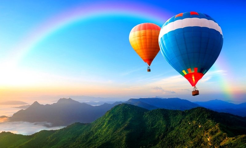 Обои небо, горы, радуга, воздушный шар, the sky, mountains, rainbow, balloon разрешение 1920x1200 Загрузить