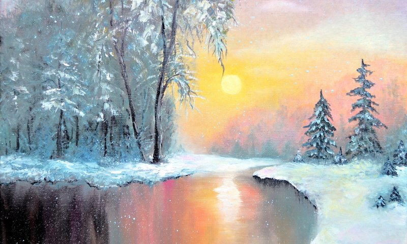 Обои арт, озеро, закат, зима, пейзаж, живопись, art, lake, sunset, winter, landscape, painting разрешение 1920x1200 Загрузить