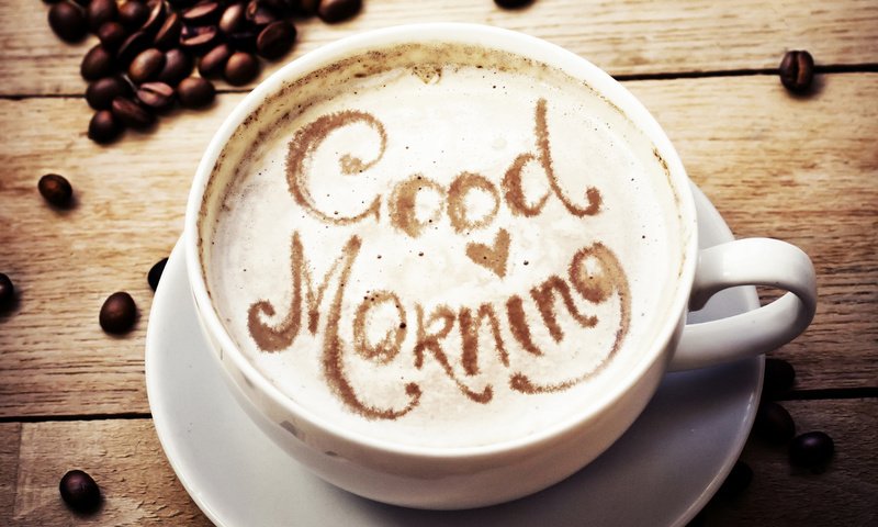 Обои надпись, кофе, чашка, кофейные зерна, капучино, доброе утро, the inscription, coffee, cup, coffee beans, cappuccino, good morning разрешение 3000x1688 Загрузить