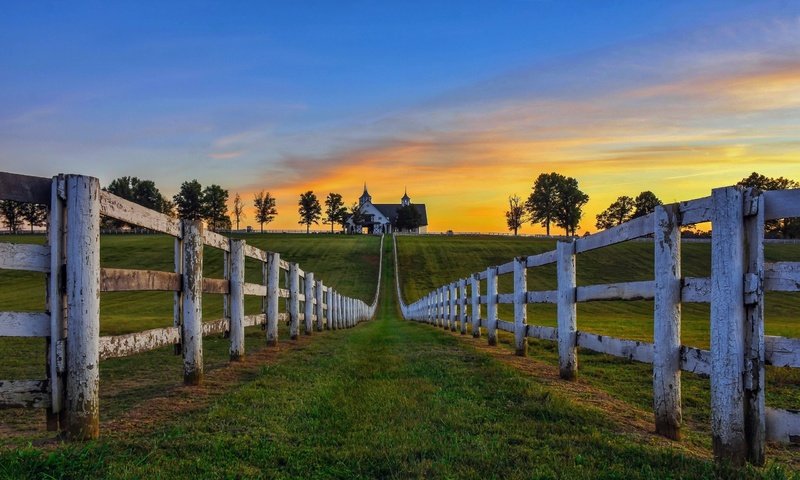 Обои небо, трава, деревья, утро, поле, забор, дом, the sky, grass, trees, morning, field, the fence, house разрешение 2560x1600 Загрузить