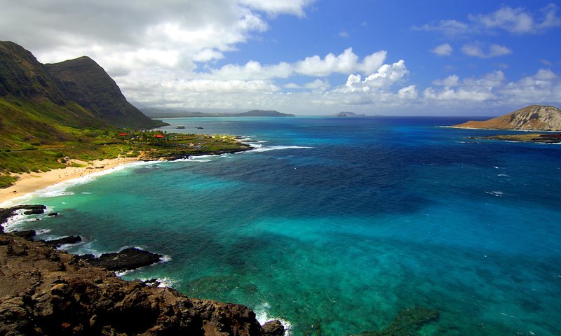 Обои природа, гавайские острова, берег, море, скала, горизонт, океан, сша, гавайи, nature, the hawaiian islands, shore, sea, rock, horizon, the ocean, usa, hawaii разрешение 1920x1080 Загрузить