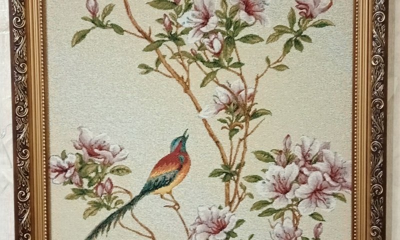 Обои картина, цветущая сакура, райская птица, гобелен, picture, cherry blossoms, bird of paradise разрешение 2000x4160 Загрузить