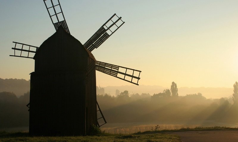 Обои холмы, утро, туман, ветряная мельница, hills, morning, fog, windmill разрешение 3840x2160 Загрузить