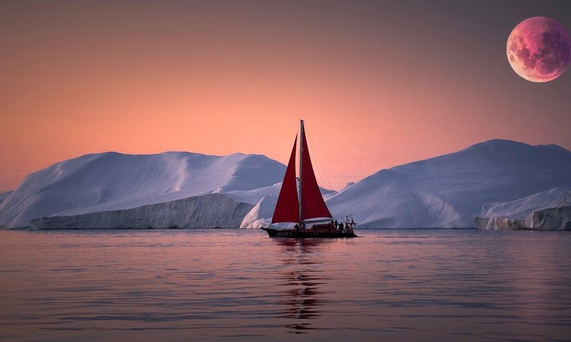 Обои закат, море, яхта, льды, гренландия, айсберги, sunset, sea, yacht, ice, greenland, icebergs разрешение 2048x1152 Загрузить