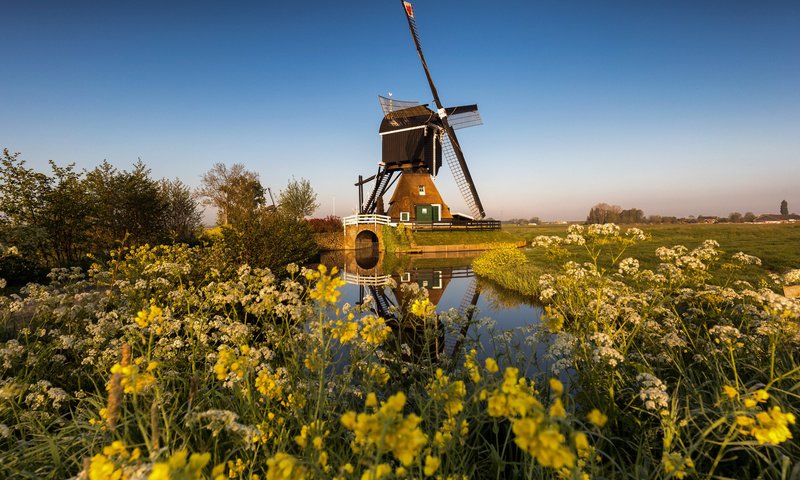 Обои вода, канал, мельница, нидерланды, zuid-holland, water, channel, mill, netherlands разрешение 2112x1188 Загрузить