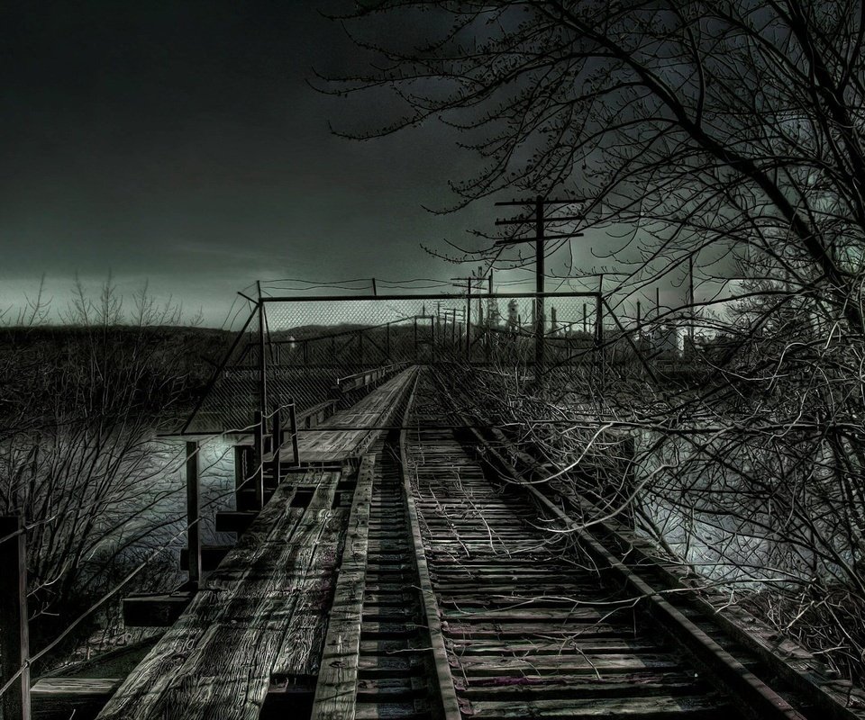 Обои дорога, мрак, ветки, железная, road, the darkness, branches, iron разрешение 1920x1200 Загрузить