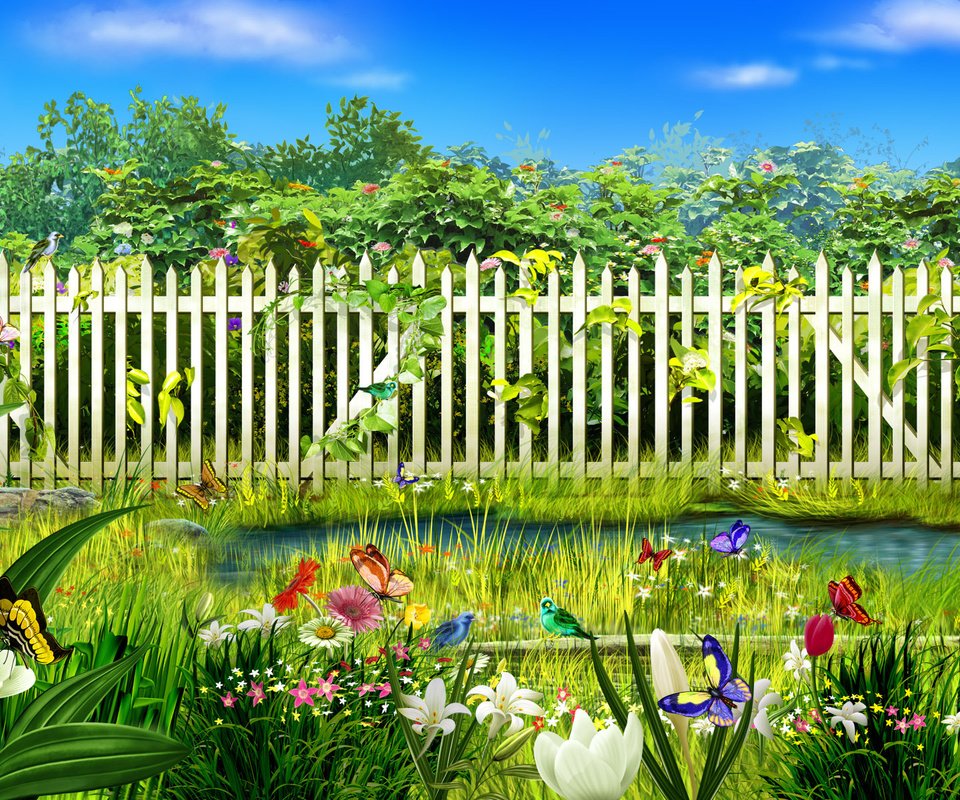 Обои цветы, трава, вода, забор, бабочки, flowers, grass, water, the fence, butterfly разрешение 1920x1200 Загрузить