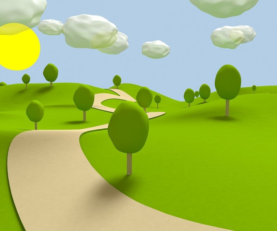 Обои трава, облака, деревья, вектор, пейзаж, тропинка, картинка, солнышко, grass, clouds, trees, vector, landscape, path, picture, the sun разрешение 1920x1440 Загрузить