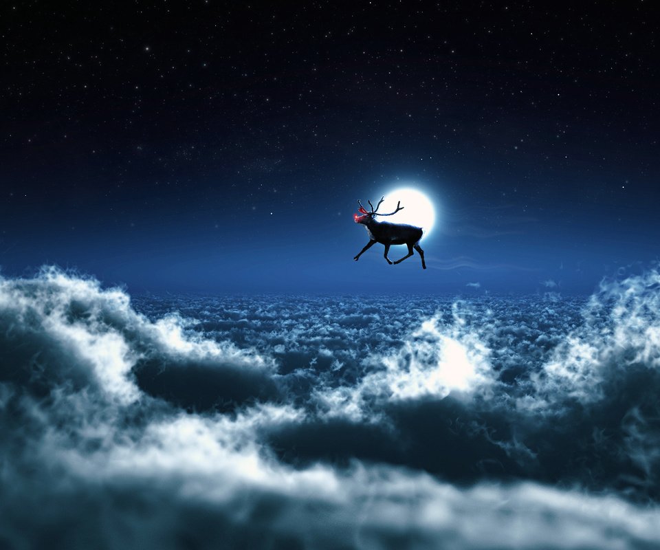 Обои облака, ночь, новый год, олень, зима, сказка, санта клаус, новогодние олени, clouds, night, new year, deer, winter, tale, santa claus, christmas reindeer разрешение 1920x1200 Загрузить